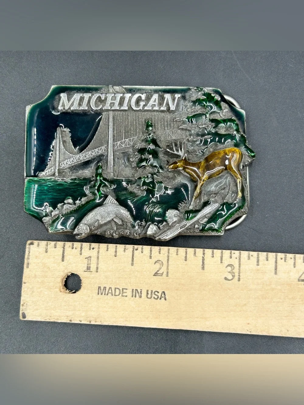Vintage 1989 Siskiyou Michigan Belt Buckle Mackinac Bridge Deer Fish USA